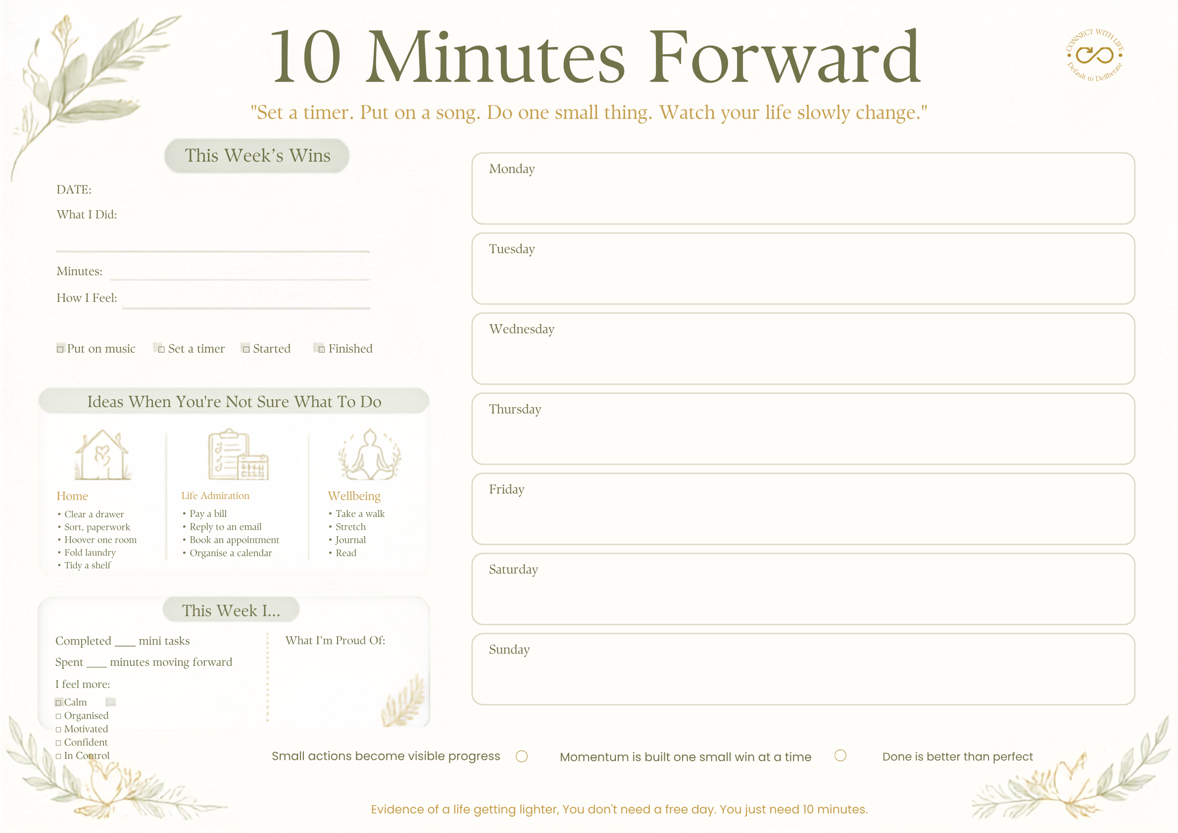 First page of the 10 Minutes Forward worksheet